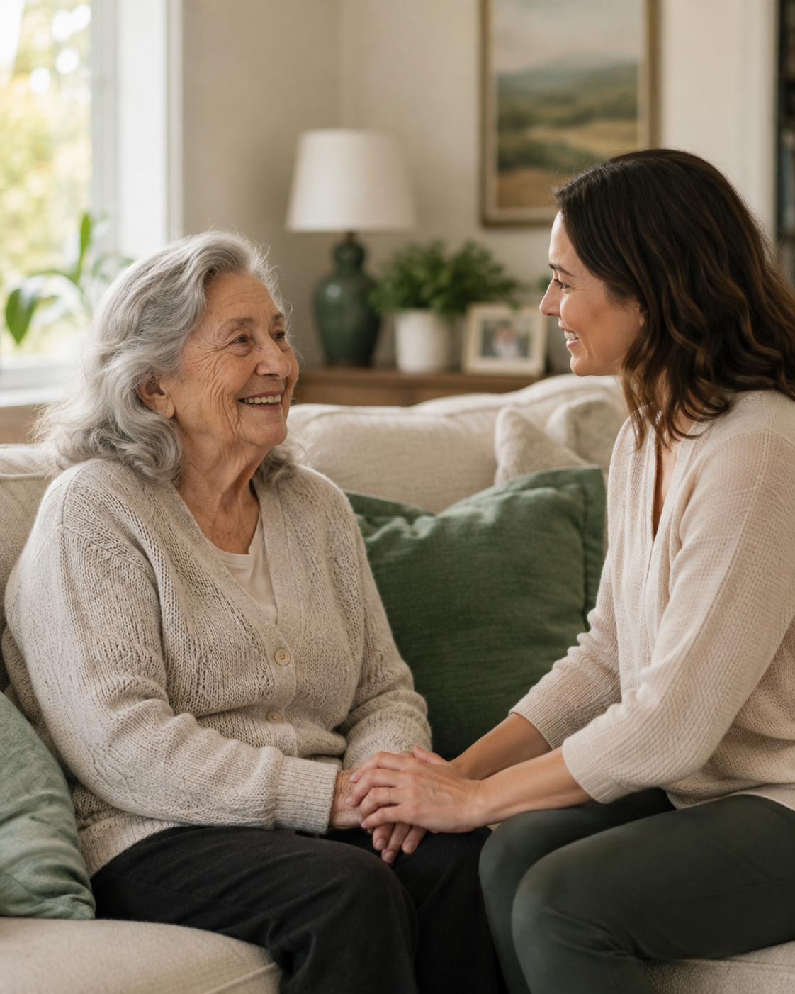A caregiver sharing a warm conversation with an older adult in a comfortable home setting.